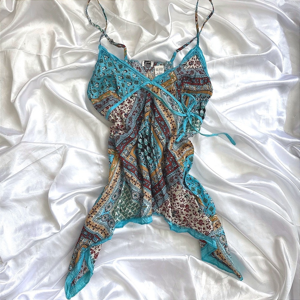 Quizz Vintage Turquoise Patchwork Paisley Handkerchief Hem Cotton Cami Top L